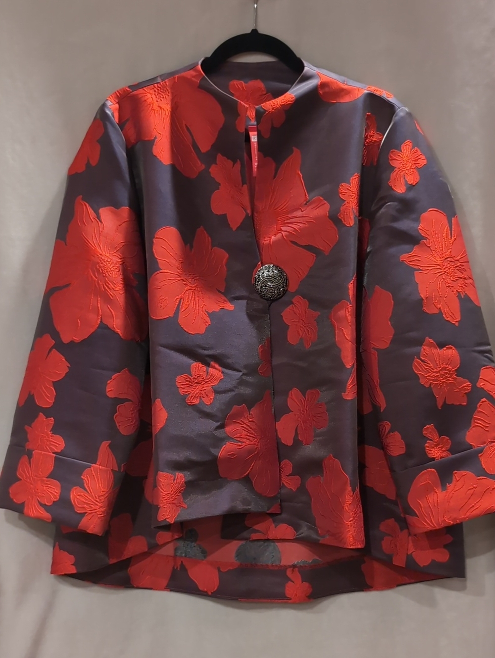 IC Collection Embroidered Floral Jacket in Red and Charcoal